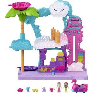Polly Pocket Pollyville Flamingo Fun Car Wash Playset w/ 2 Micro Dolls & Toy Car